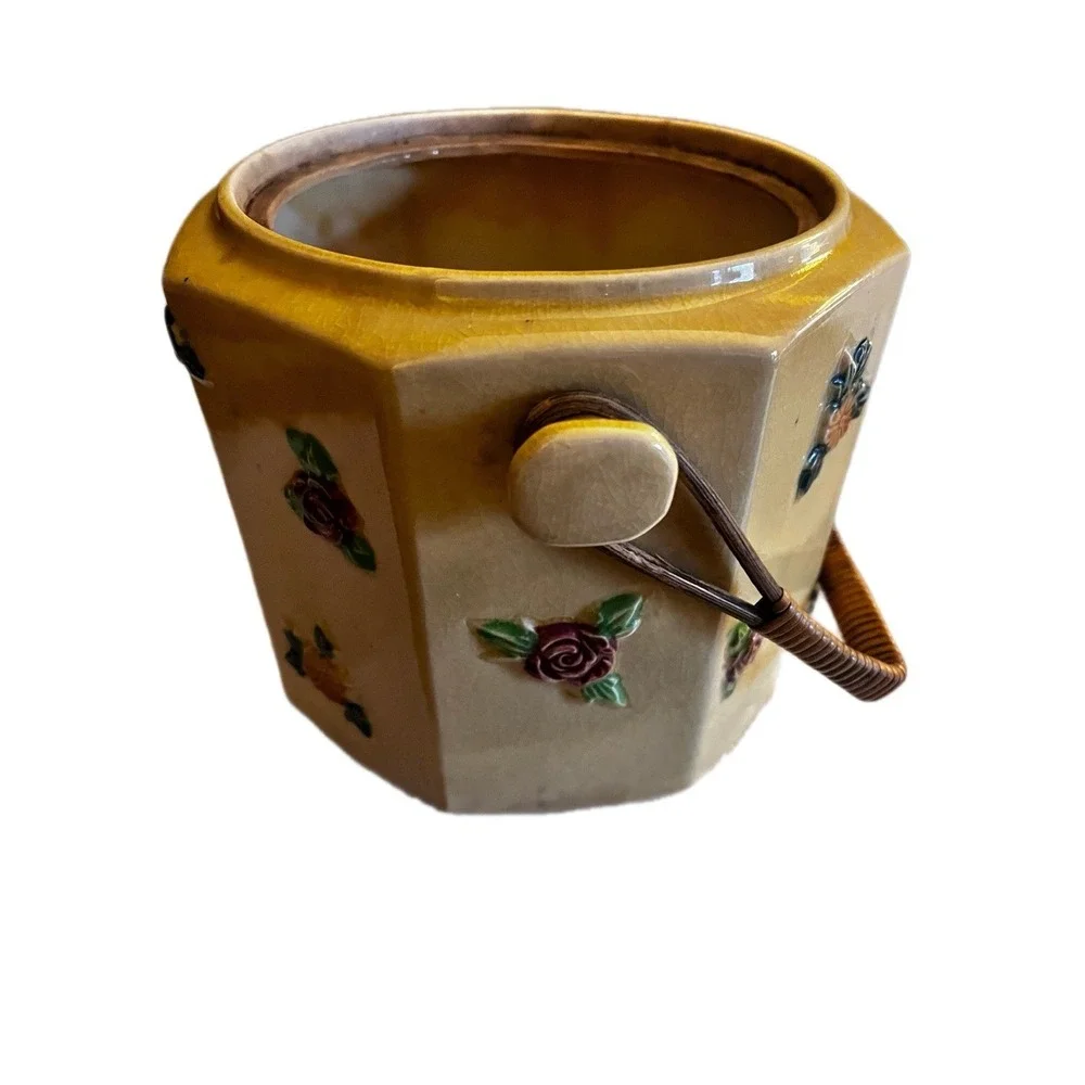 VINTAGE handpainted YELLOW BISCUIT JAR WITH RATTAN HANDLE