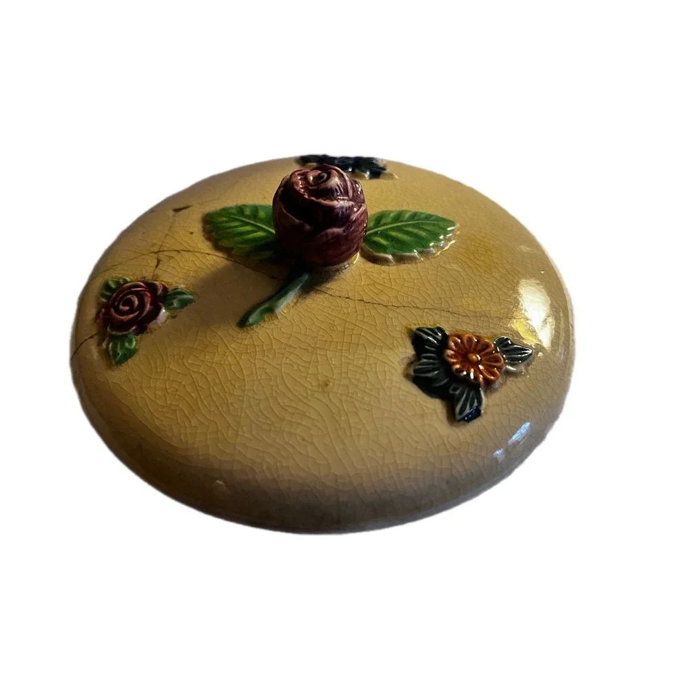 VINTAGE handpainted YELLOW BISCUIT JAR WITH RATTAN HANDLE