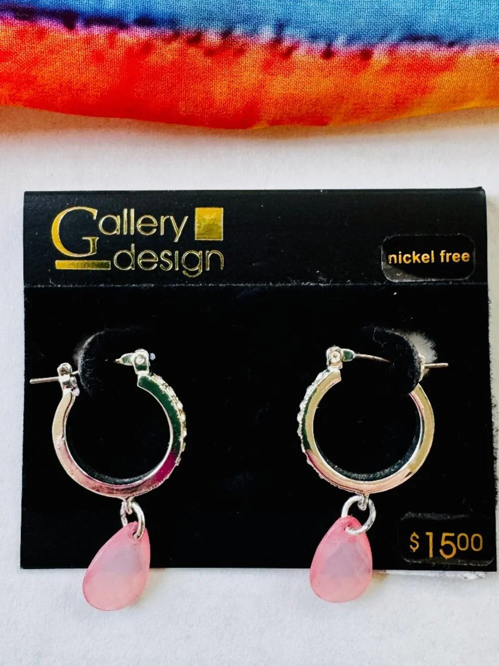 Gallery Design Hoop Earrings Silver Tone With Crystals & Pink Teardrop Stone NEW