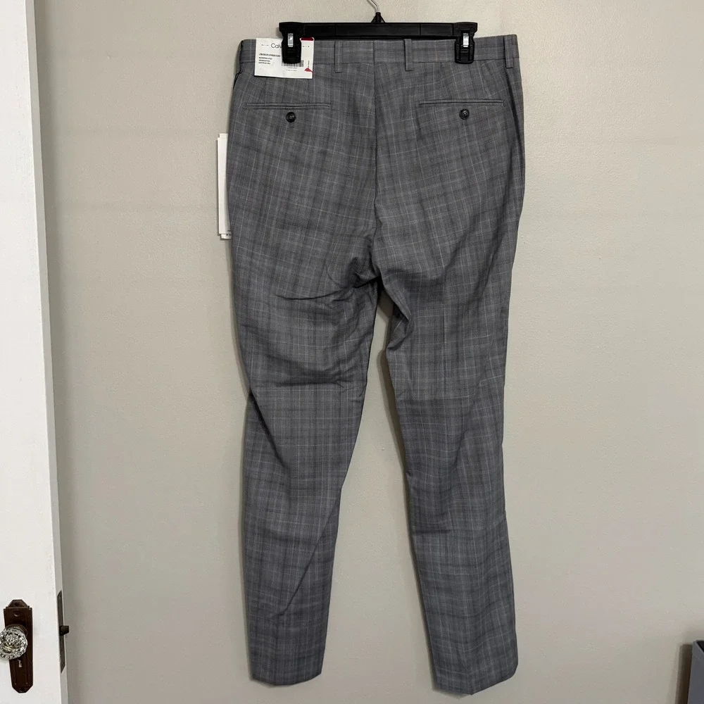 NEW Calvin Klein Mens 34x32 Grey Plaid X Slim Fit Wool Blend Dress Pants