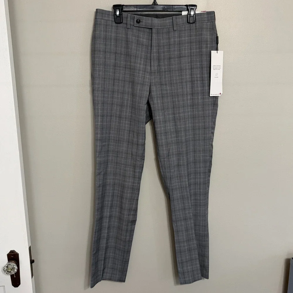 NEW Calvin Klein Mens 34x32 Grey Plaid X Slim Fit Wool Blend Dress Pants