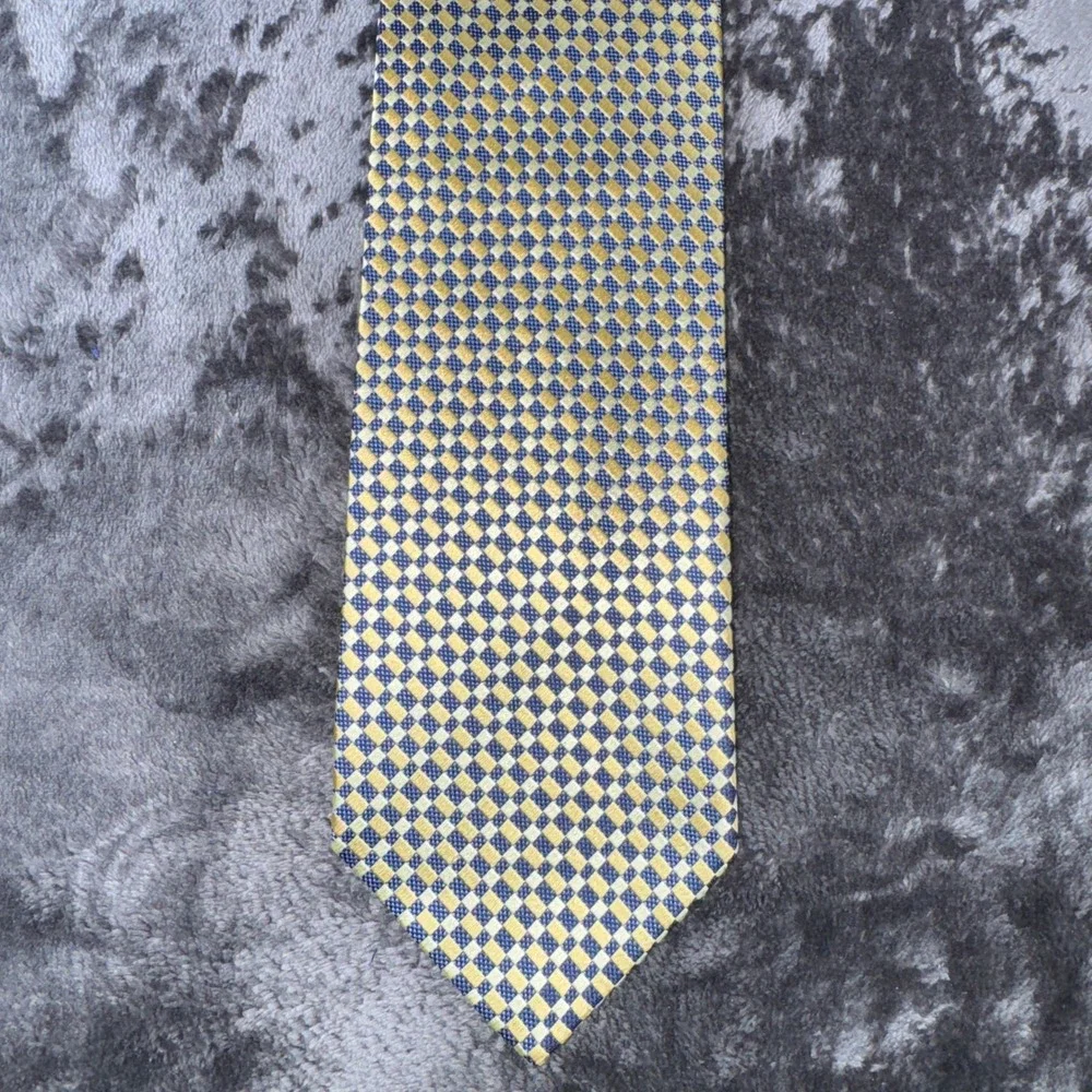 Foggia Mens Silk Tie Navy Gold Yellow Geometric Checkerboard Handmade Necktie