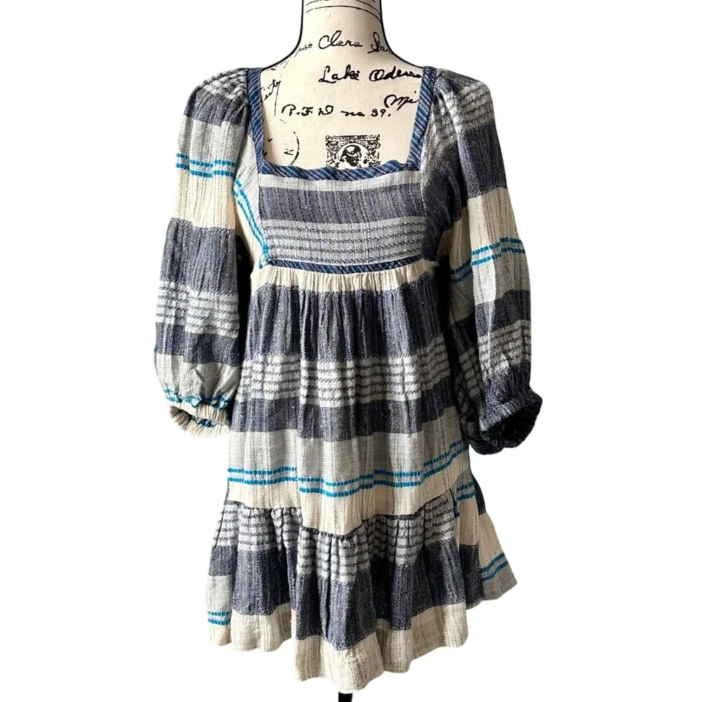 Boho Free People Mini Dress Striped Blue‎ White Size S Urban Ethereal bohemian