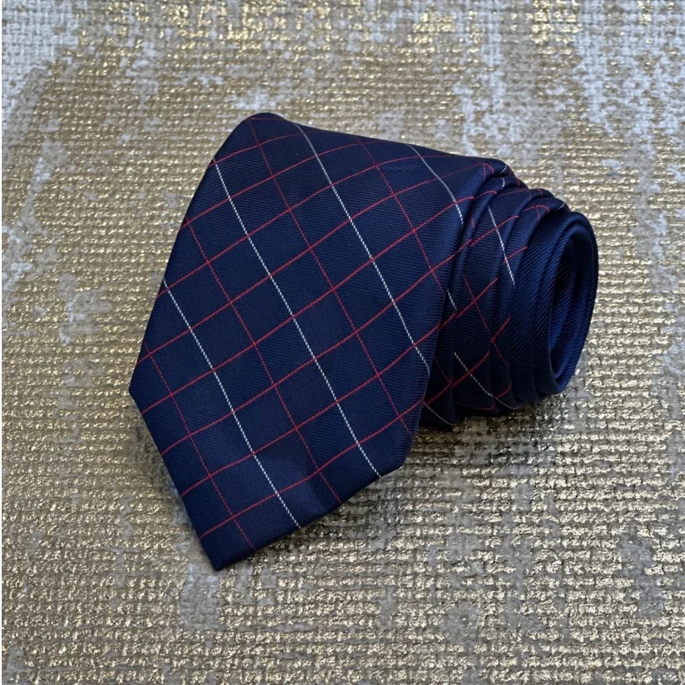 TOMMY HILFIGER Men's Navy Blue Red & White Silk Necktie Office Business Work