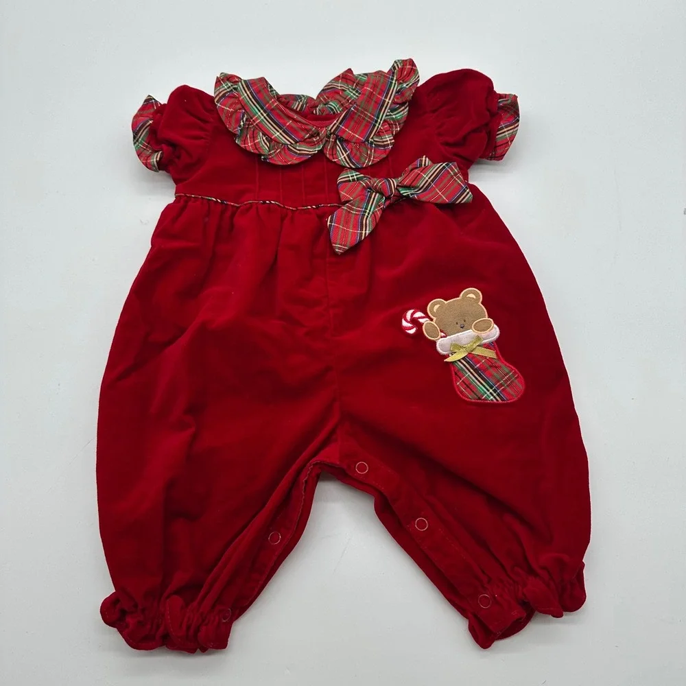 B.T. Kids Red Velvet Velour Christmas Romper Plaid Trim Teddy Bear 3-6 Month VTG