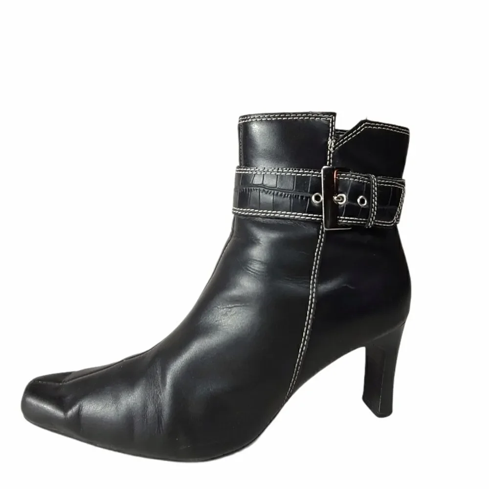 Predictions Black Leather Ankle Heel Boots