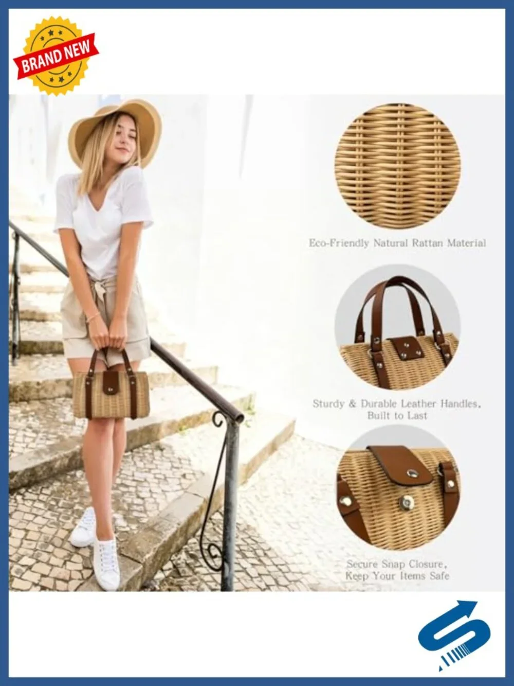 Structured Rattan Straw Tote Bag with Reinforced Handles, Woven Satchel Handbag