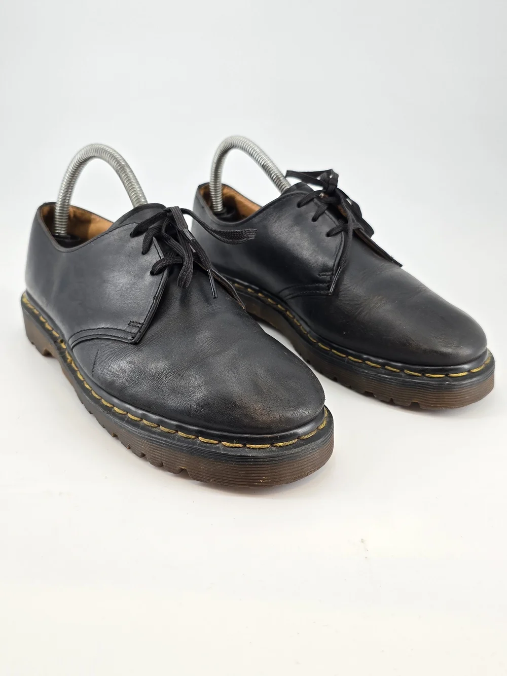 Dr. Martens Black Leather Derby Shoes with Yellow Welt Stitching