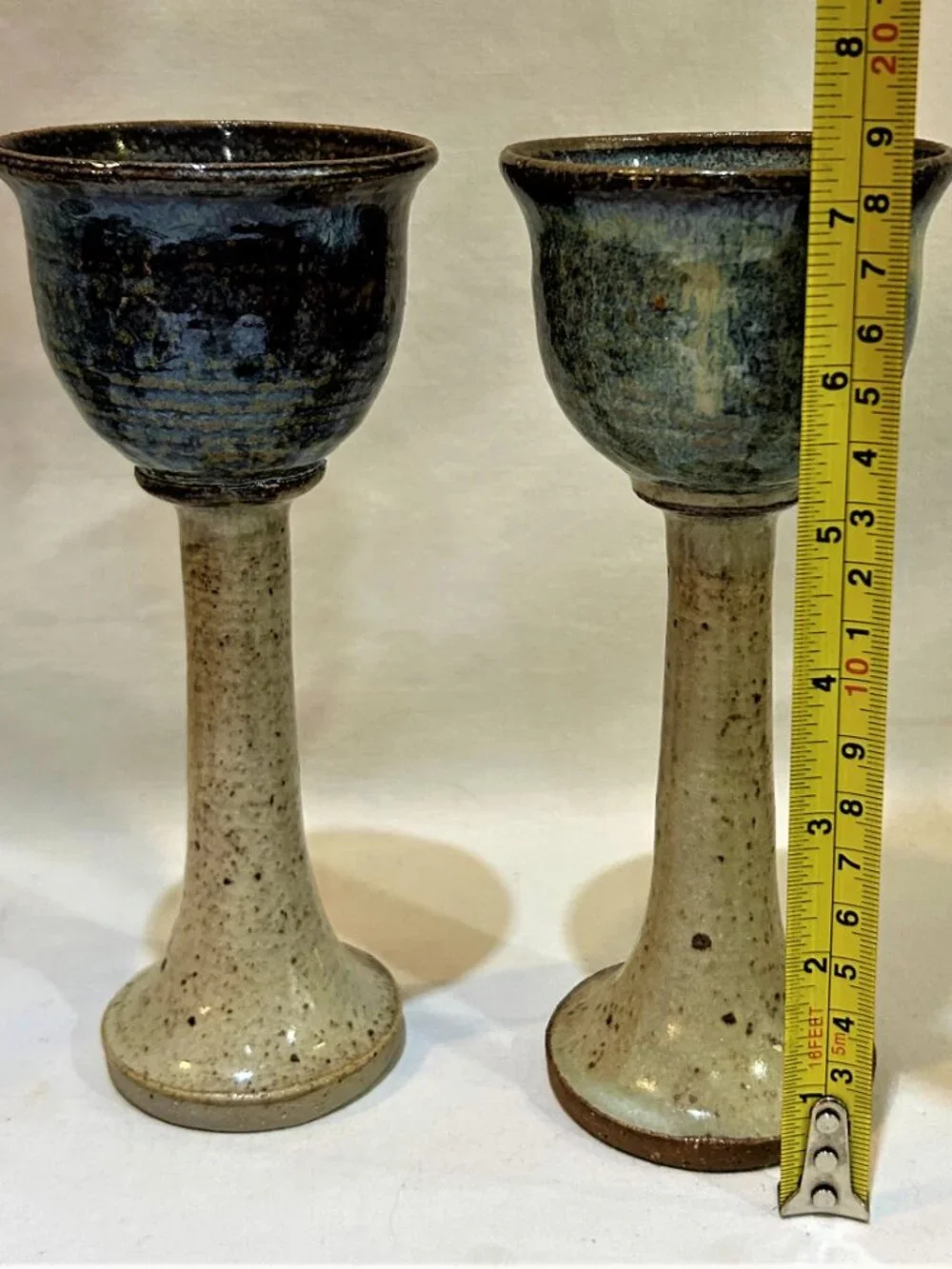 Pair of Studio Art Pottey Drip Glaze Pottery Wine Goblets Artist Signed