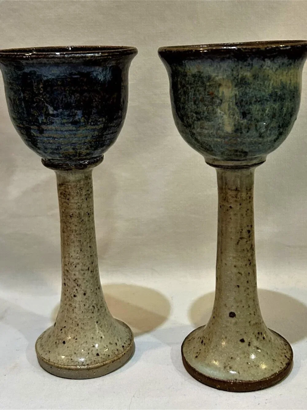 Pair of Studio Art Pottey Drip Glaze Pottery Wine Goblets Artist Signed