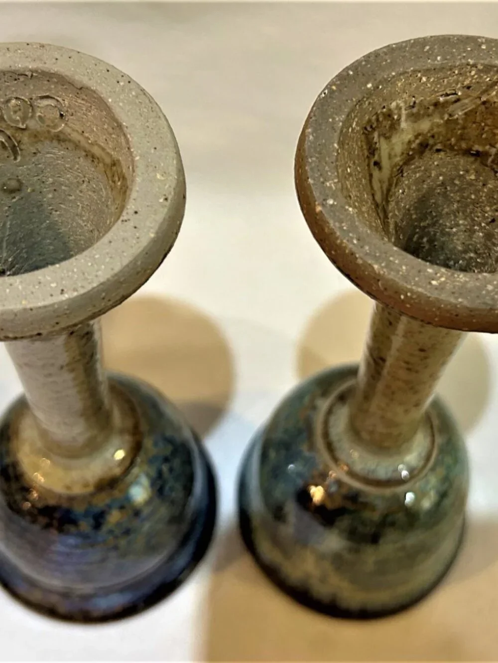 Pair of Studio Art Pottey Drip Glaze Pottery Wine Goblets Artist Signed