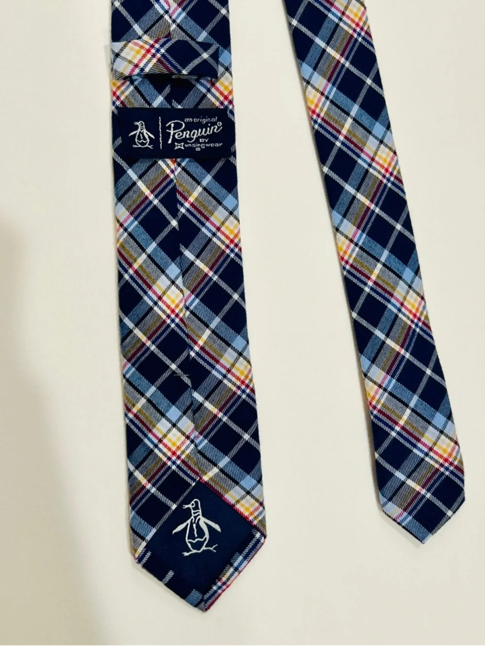 Penguin by Munsingwear Navy Blue Plaid Tie with White, Yellow, and Red Lines