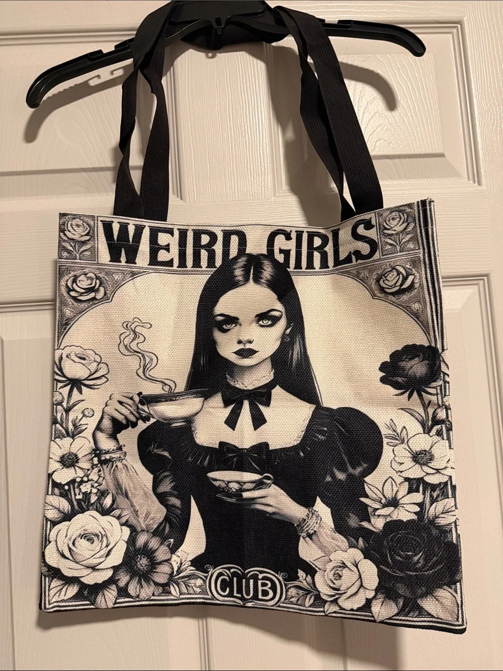 Black & Cream Graphic Tote - Gothic Floral Design