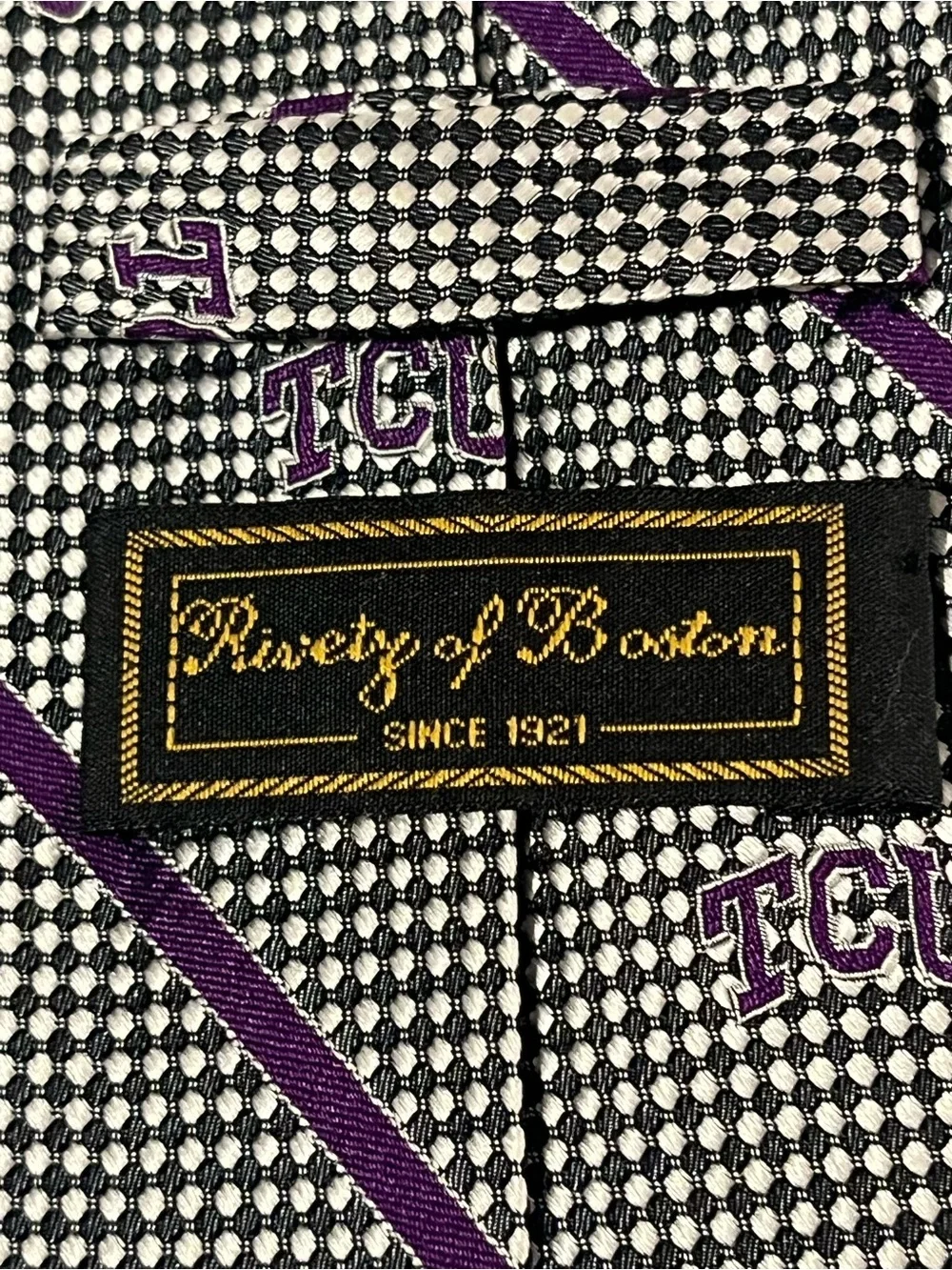 TCU Texas Christian University 100% Silk Neck Tie Rivetz of Boston Purple Logo