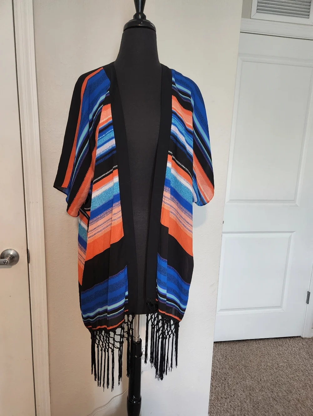 La Blanca Black Kimono with Blue & Orange Stripes