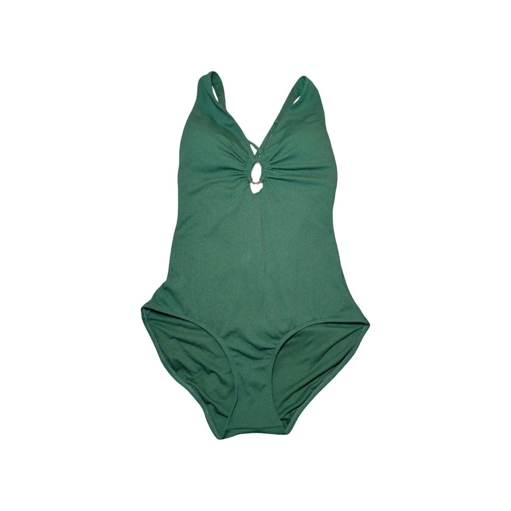 ⭐D1 Shade & Shore Crepe Ring-Front Plunge One Piece Swimsuit Green - XL