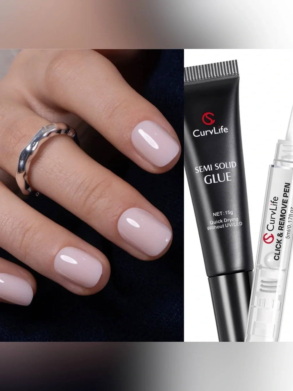 CurvLife Short Squoval Press-on Nails + Full-Size (15g) Fast-Drying Nail Glue