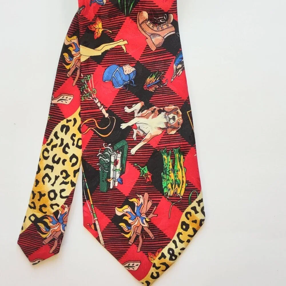 Vintage Nicole Miller Silk Neck Tie Hunting Camping Fishing Beagle Dog