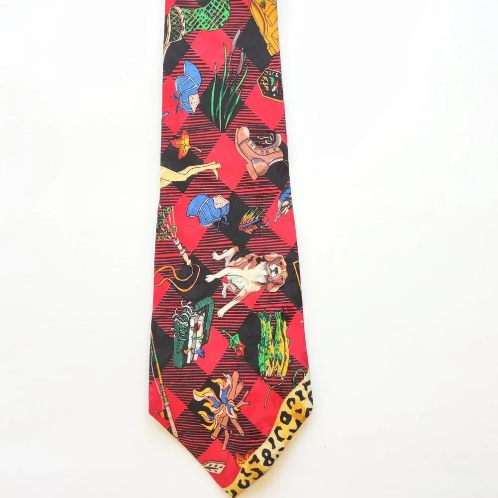 Vintage Nicole Miller Silk Neck Tie Hunting Camping Fishing Beagle Dog