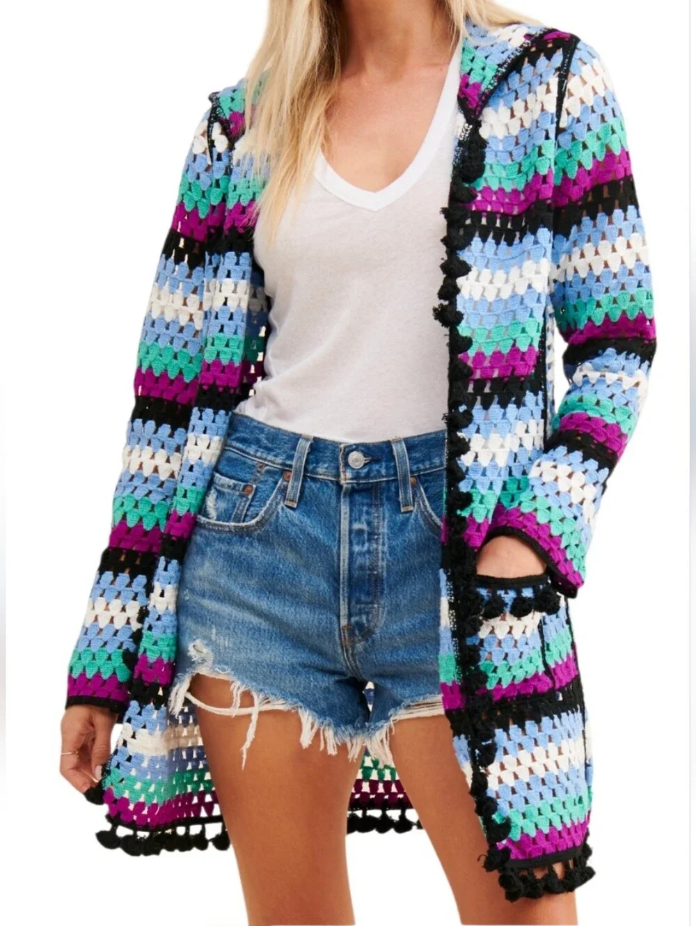 Free the Roses Crochet Hooded Cardigan Open Front Pom-pom Trim Pockets Festival