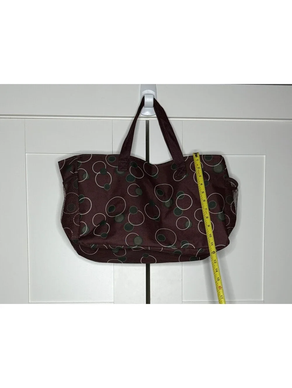 Large Burgundy Tote with Green and Cream Circular Print