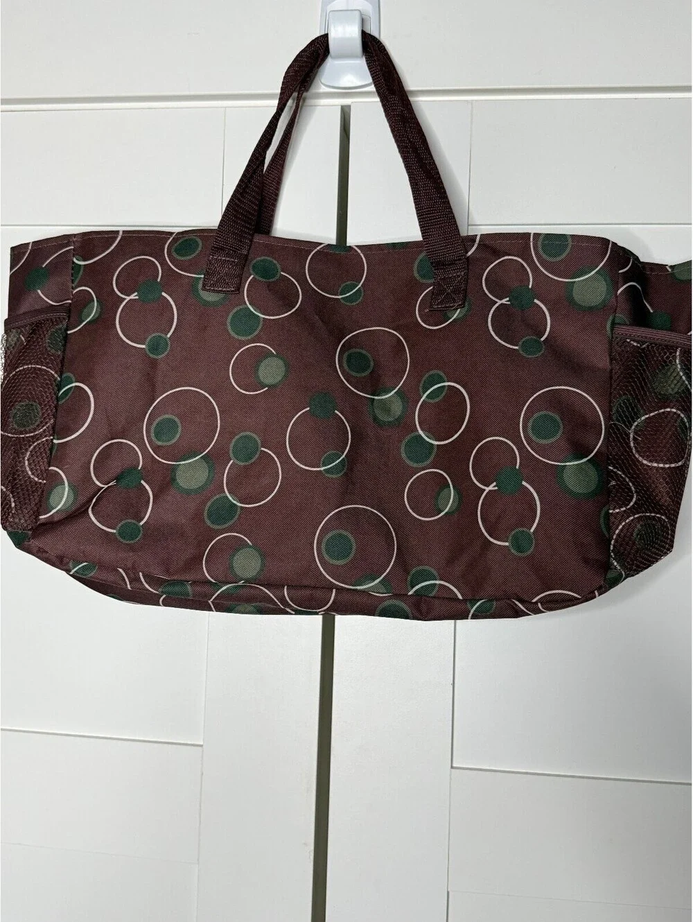 Large Burgundy Tote with Green and Cream Circular Print