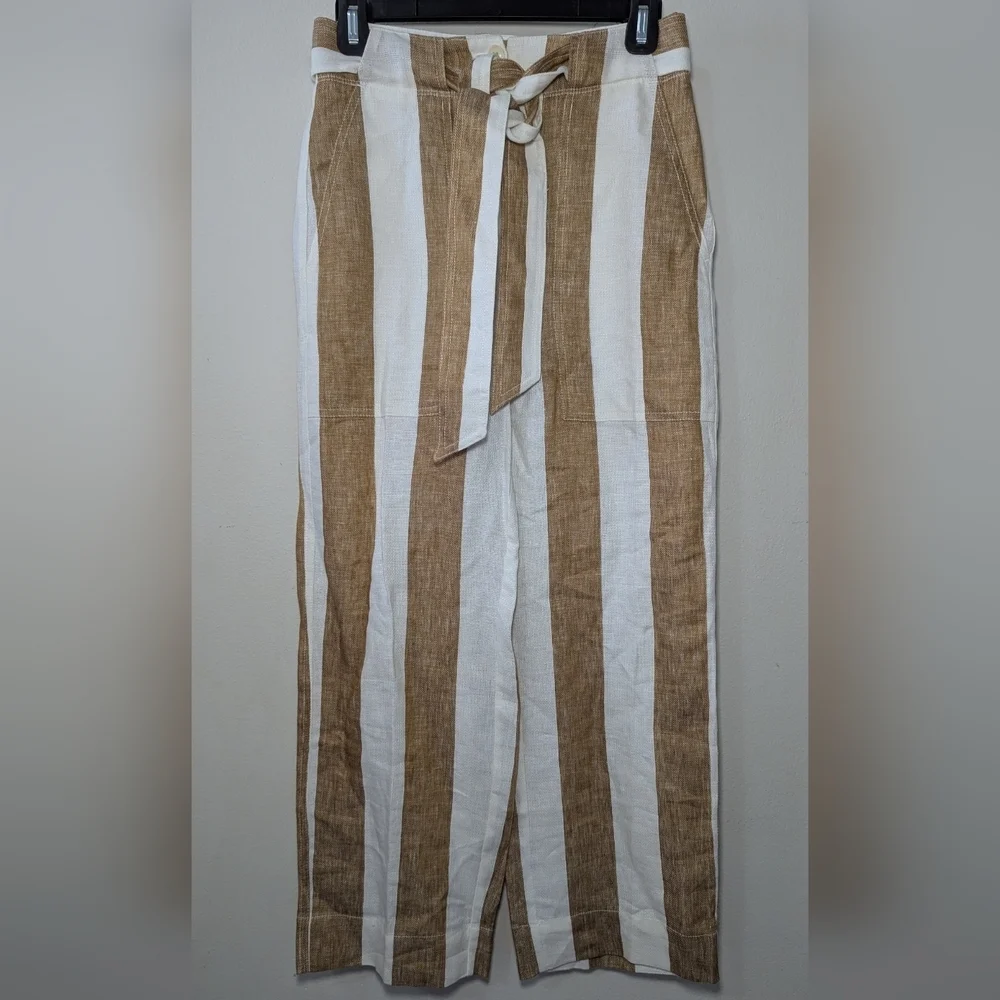 J Crew Striped Linen Pants Tan + Ivory Belted Straight Leg NEW Women's Size 00