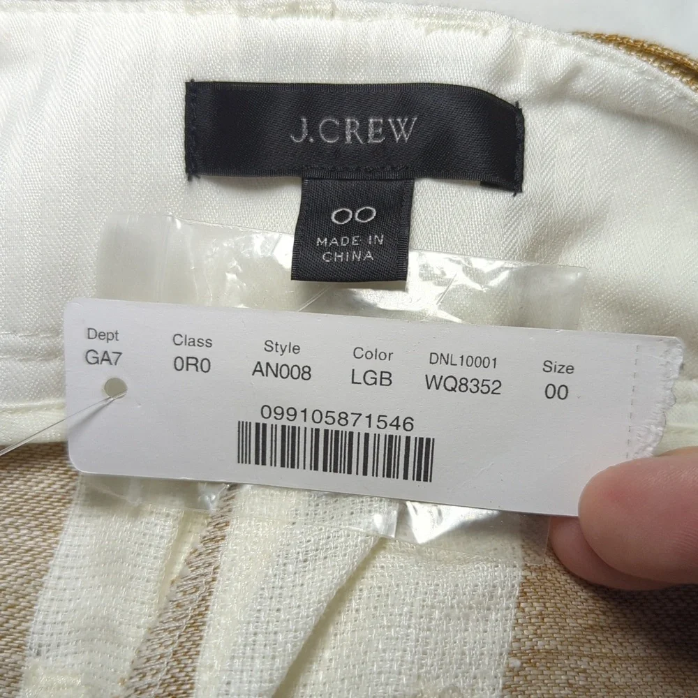 J Crew Striped Linen Pants Tan + Ivory Belted Straight Leg NEW Women's Size 00