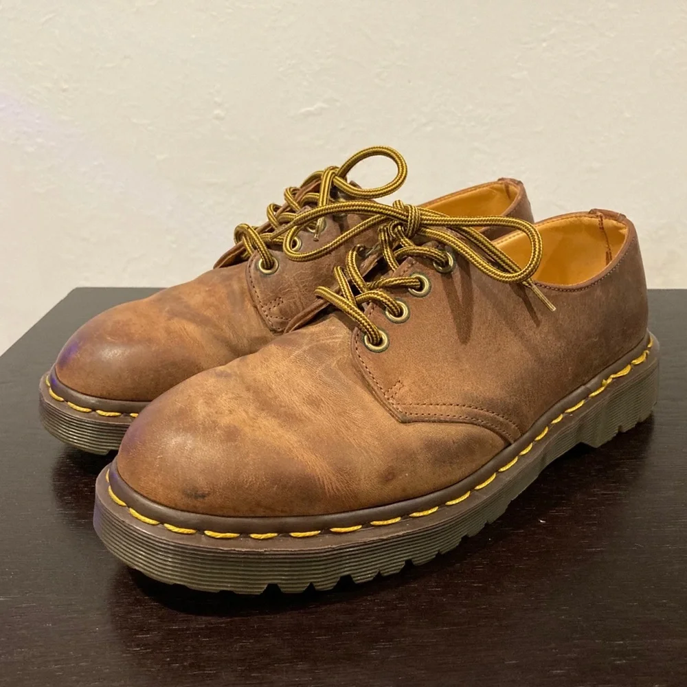 Dr. Martens Brown Leather Derby Shoes with Yellow Stitching