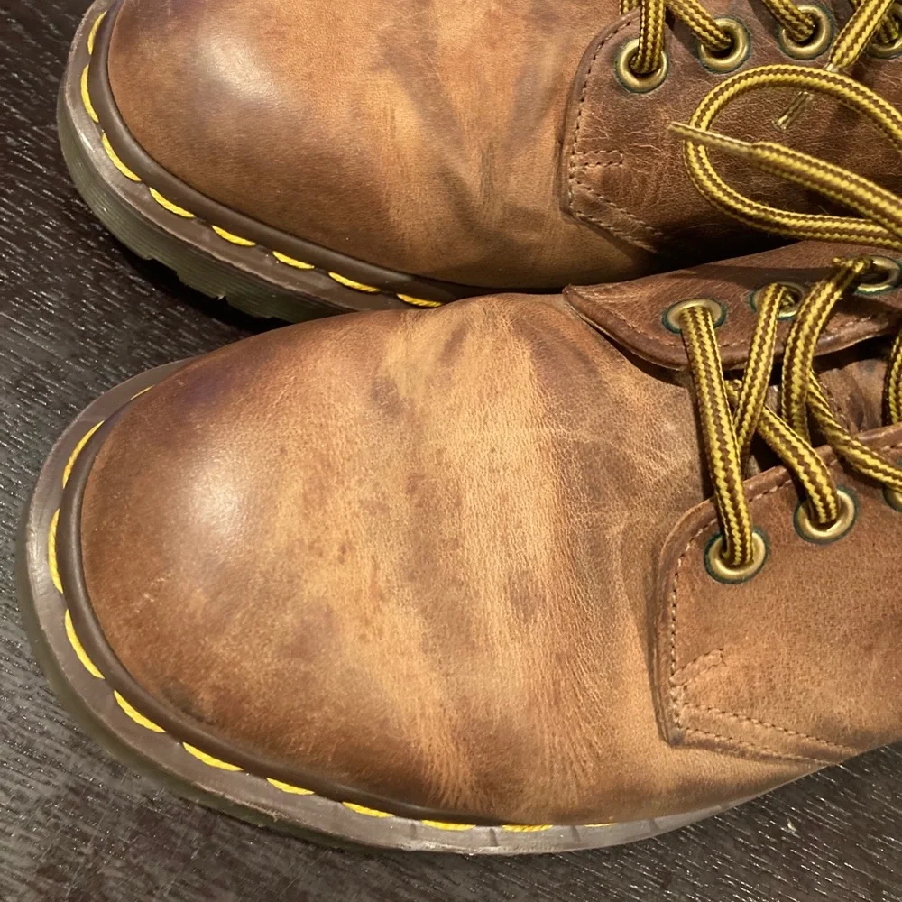 Dr. Martens Brown Leather Derby Shoes with Yellow Stitching