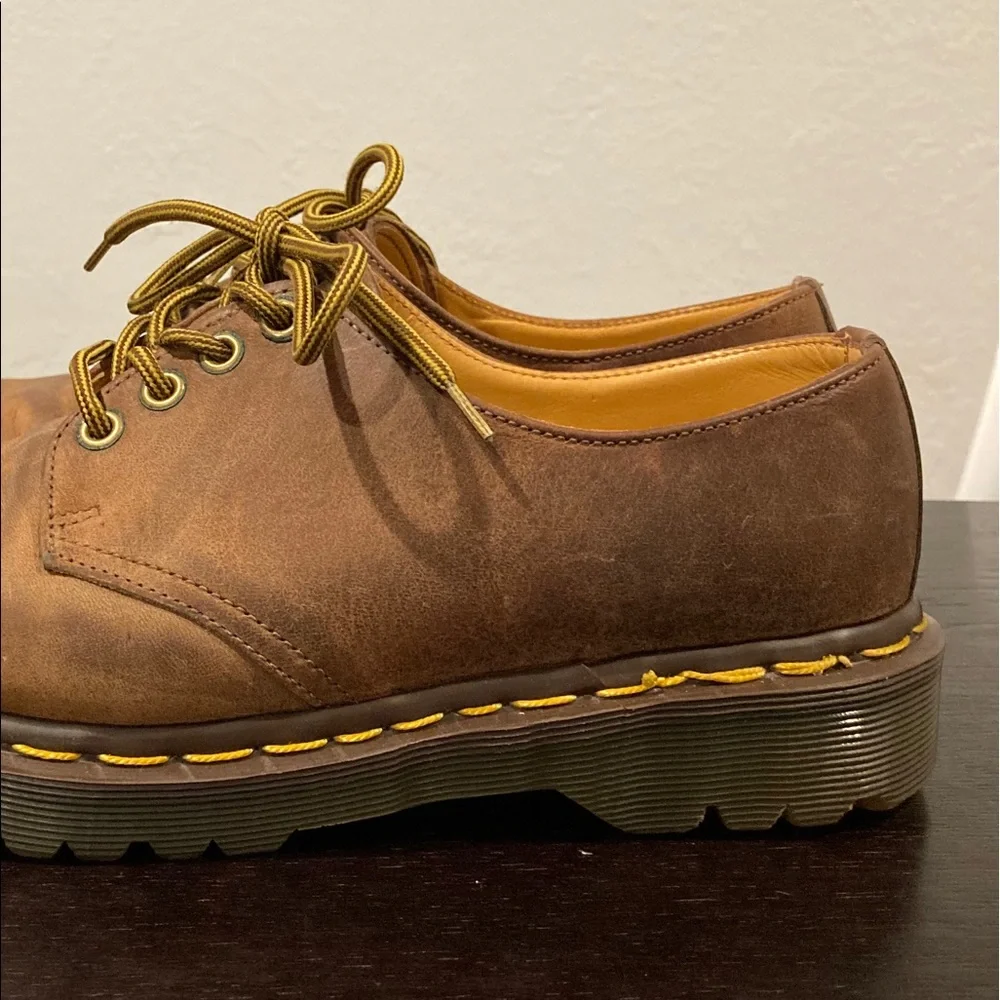 Dr. Martens Brown Leather Derby Shoes with Yellow Stitching
