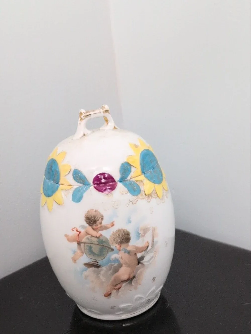 Porcelain Cherub Decorative Jar in White with Yellow & Blue Accents