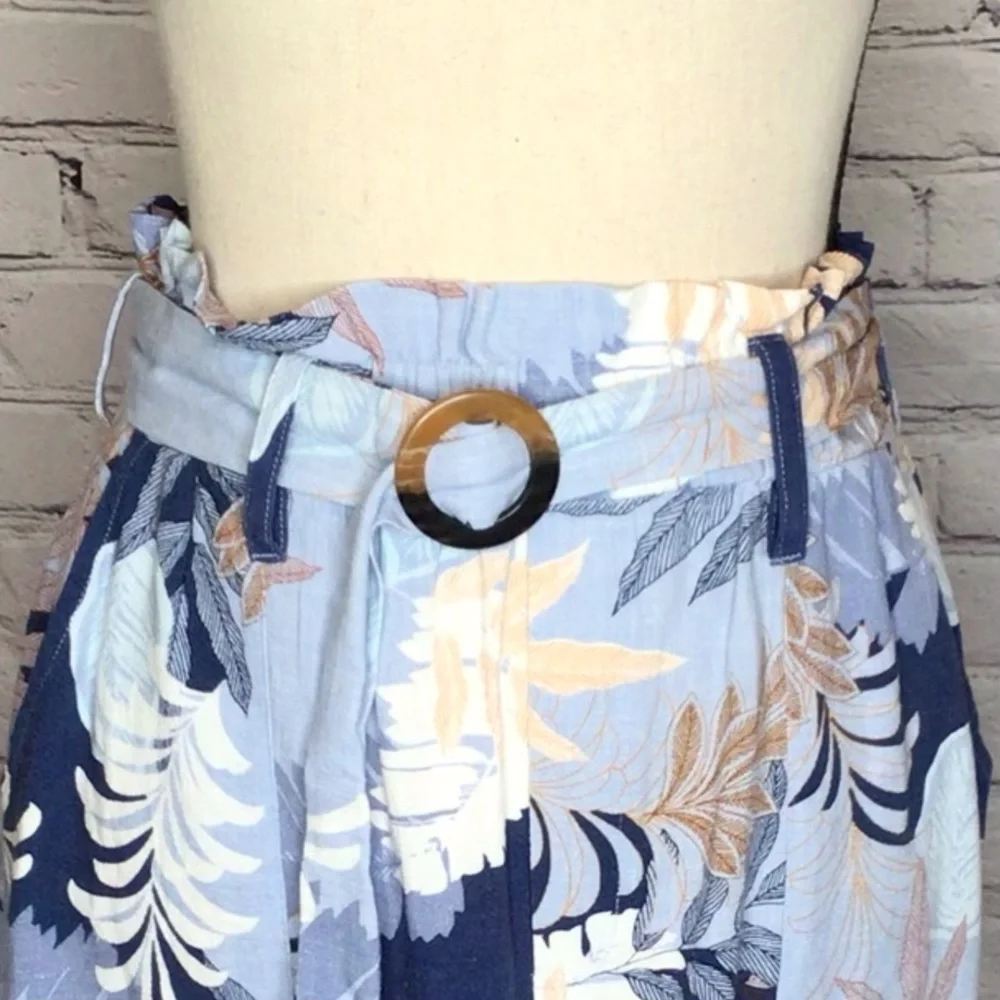 Aeropostale Blue Tan Leaf Print Paperbag Belted Skirt Small