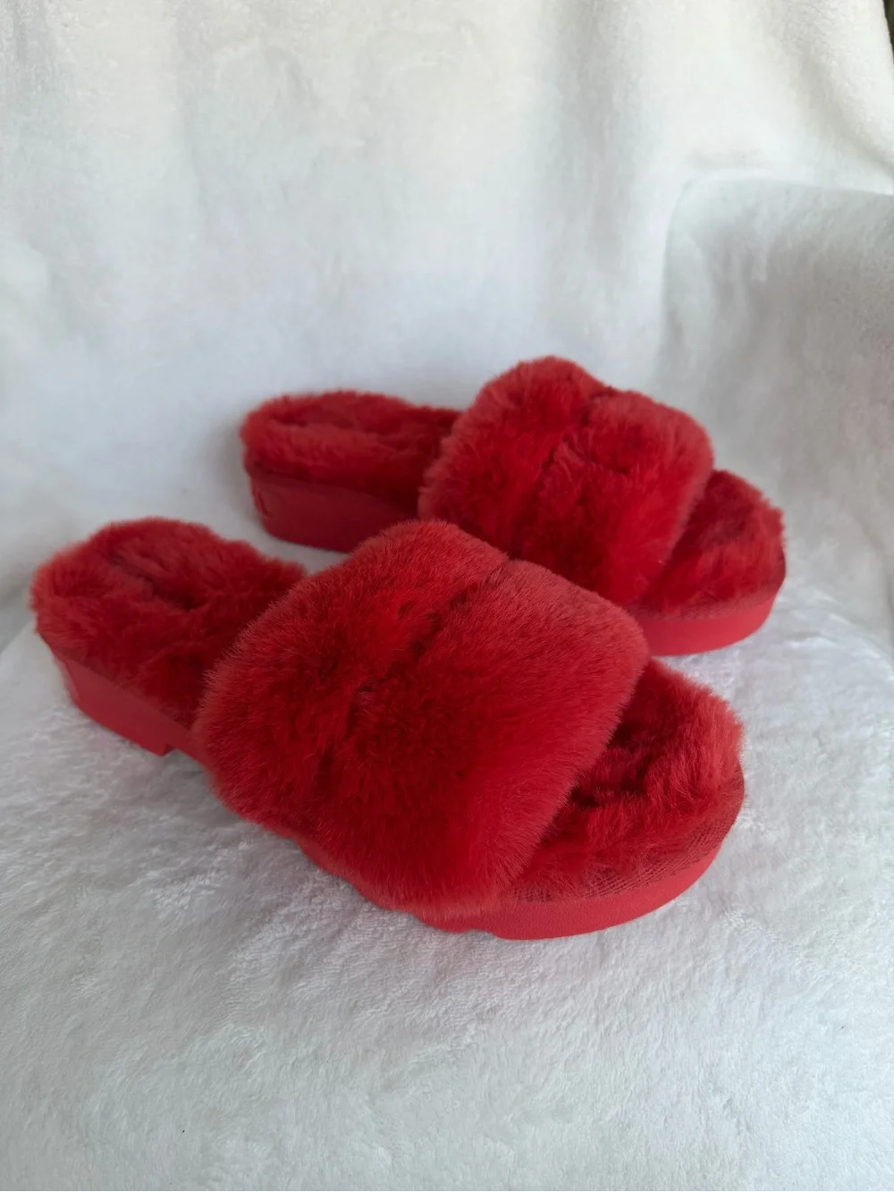MICHAEL KORS Alfie Slide Open Toe Platform Slip-on Mules Sandals Red Fur Size 11