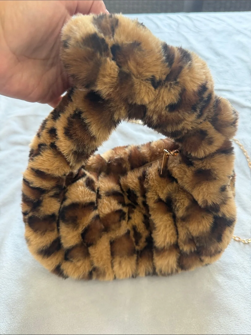 Faux Fur Leopard Print Handbag with Chain Strap