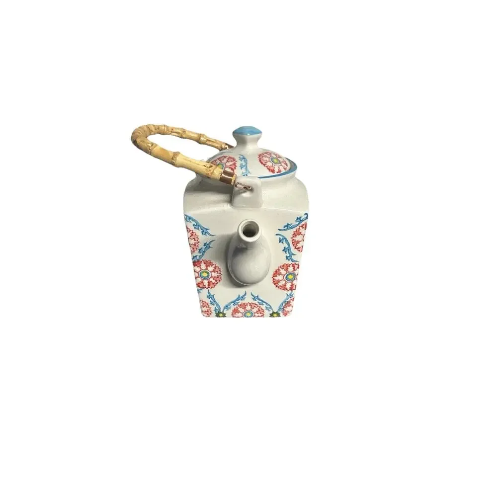 Vintage Ceramic Teapot Light Blue Trim Pink Floral Pattern Ribbon Design Tea Pot