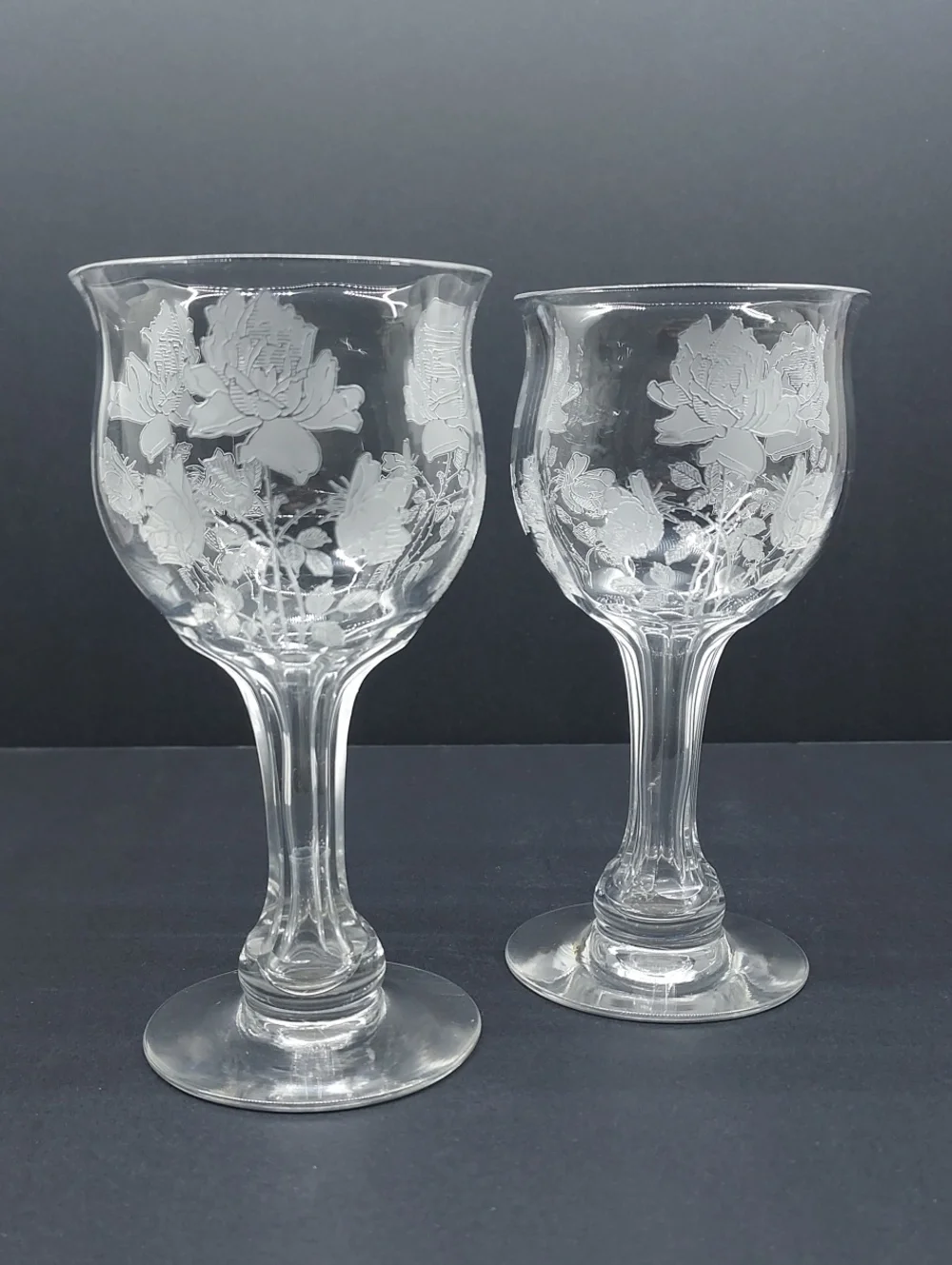 Rare Vintage Etched Rose Hollow Stem Wine Goblets Set of 2