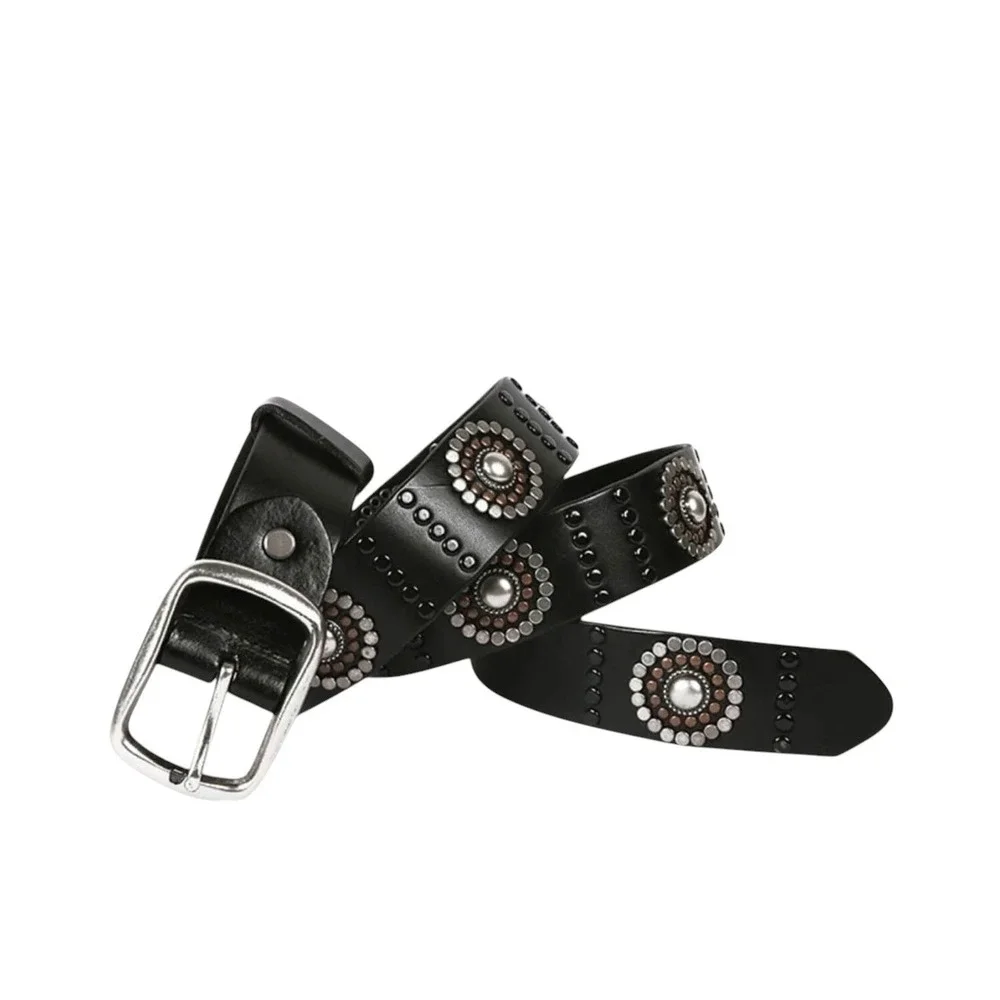 Genuine Leather Studded Western Boho Belt Black Silver Copper‎ Accents 6283 ML