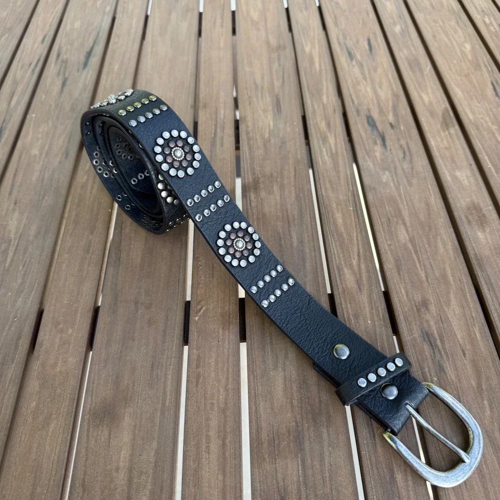 Genuine Leather Studded Western Boho Belt Black Silver Copper‎ Accents 6283 ML