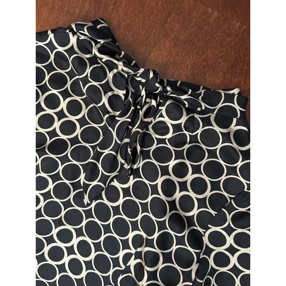 J. Crew 100% Silk Retro 60s Black Shift Dress with Beige Circle Print, Size 6