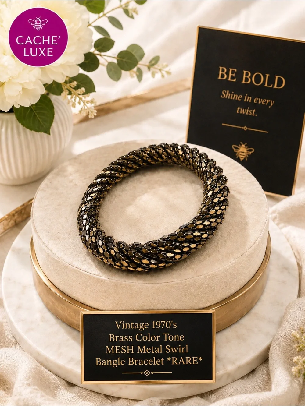Vintage 1970's Brass Color Tone MESH Metal Swirl Bangle Bracelet *RARE*