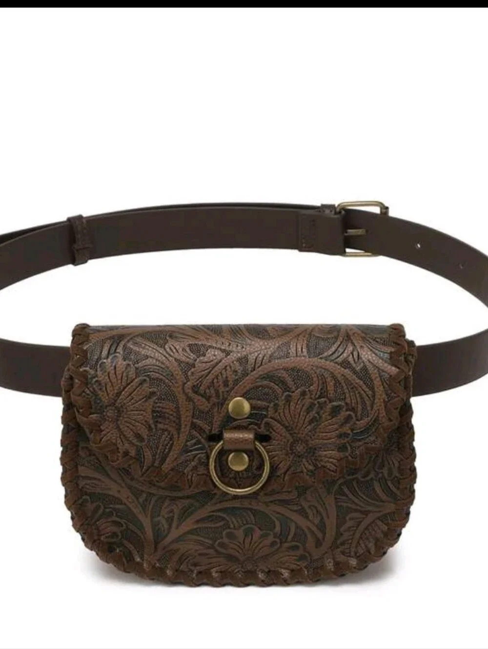 Brown Tooled Faux Leather Belt Bag