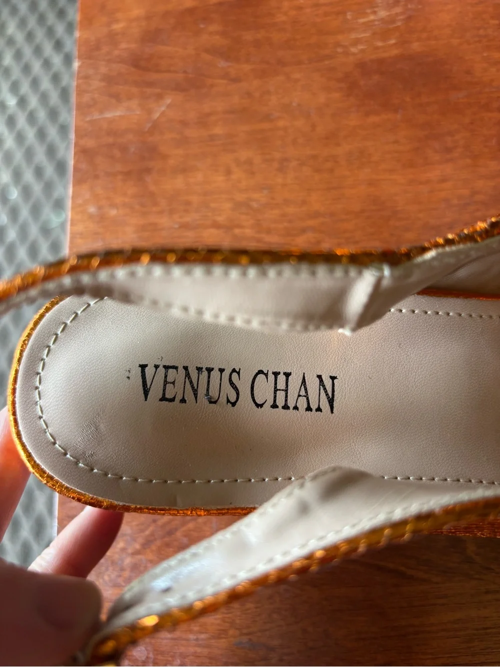 Venus Chan slingback heels w vibrant crystal-encrusted ornament on the peep toe.