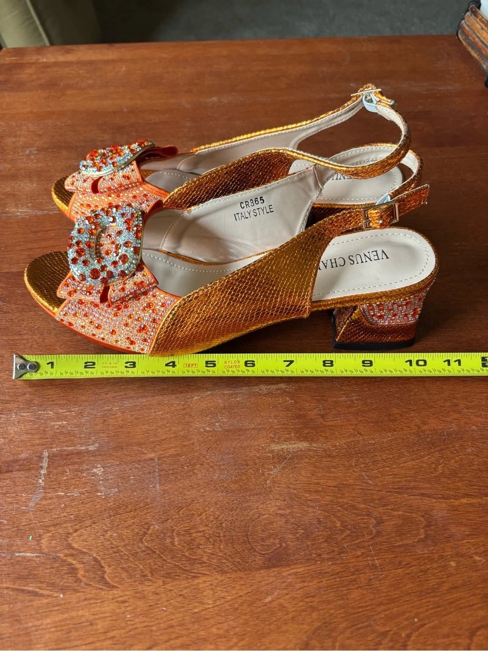 Venus Chan slingback heels w vibrant crystal-encrusted ornament on the peep toe.