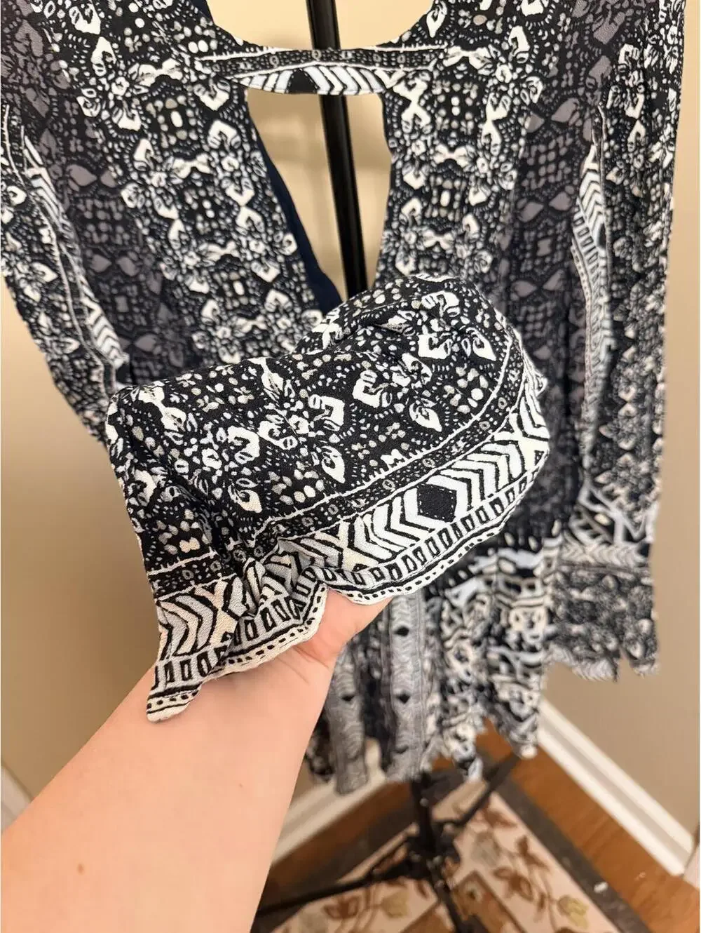 Free People Printed Open Back Romper Womens 6 Boho Festival Long Sleeve