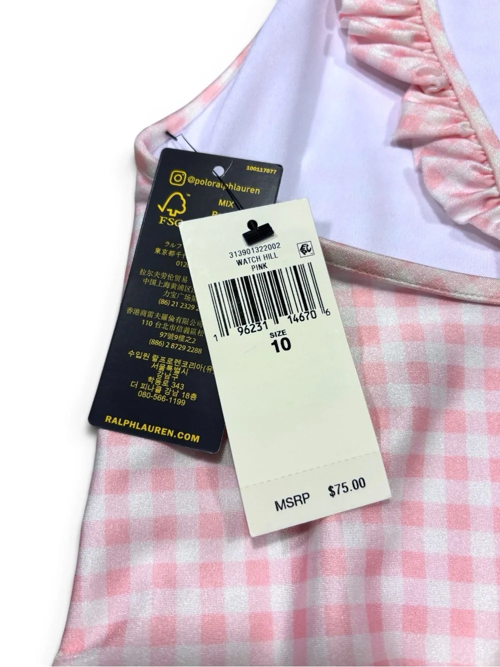 Polo Ralph Lauren Girls Pink Gingham Ruffle Strap One Piece Swimsuit Size 10 NWT