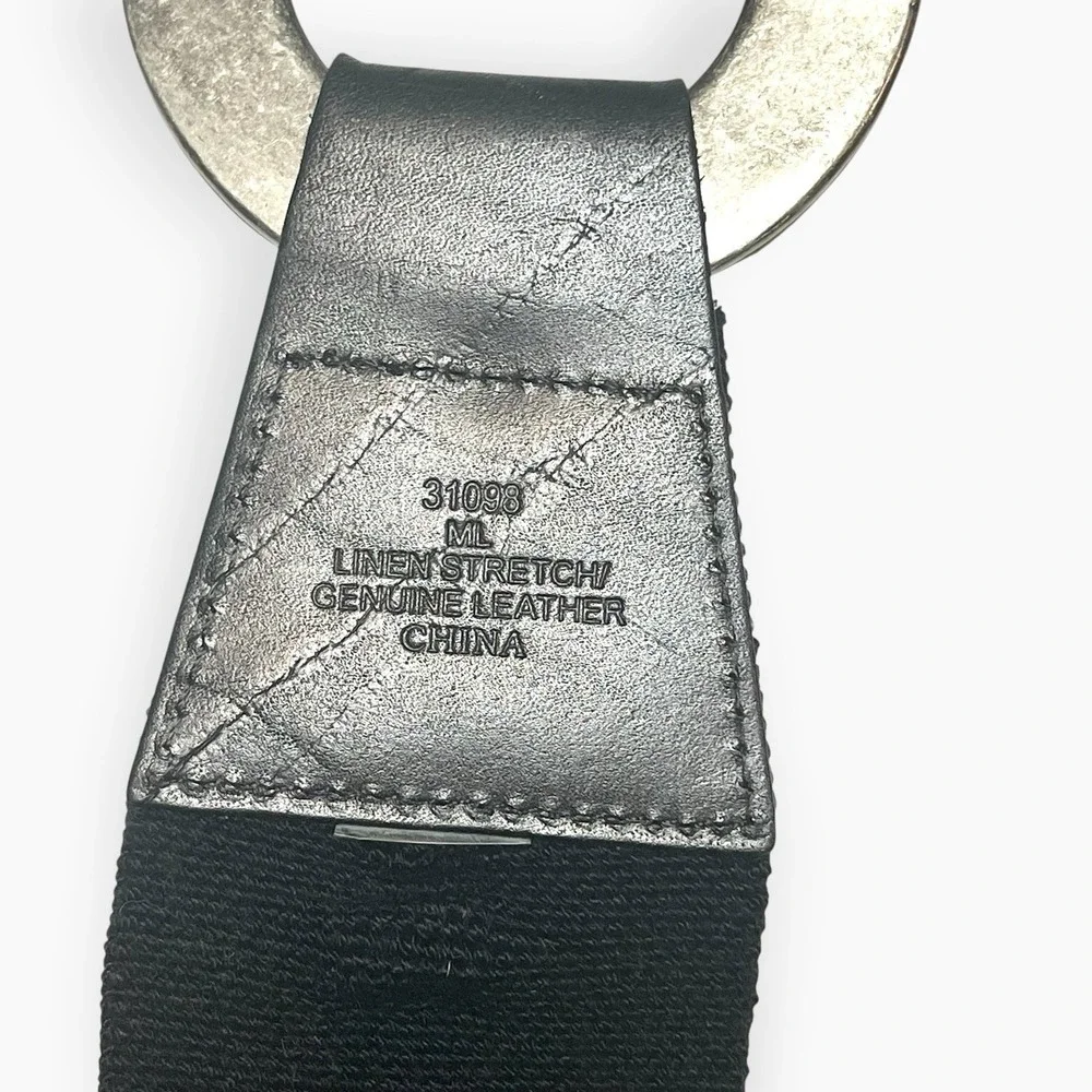 Chico's Silver Black Stretch Belt Leather Linen  Circle Buckle M / L Western