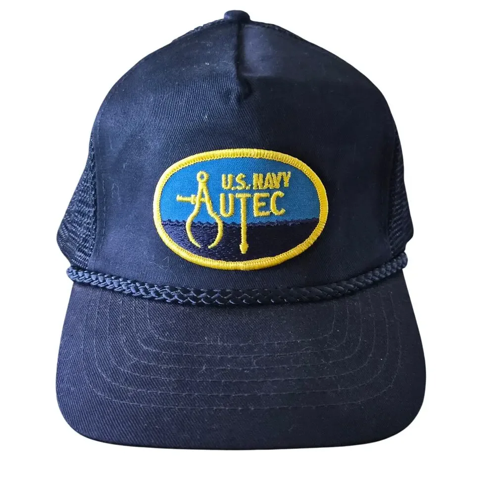 Vintage US Navy AUTEC Trucker Hat Snapback Mesh Cap Blue Rope KC Brand VTG