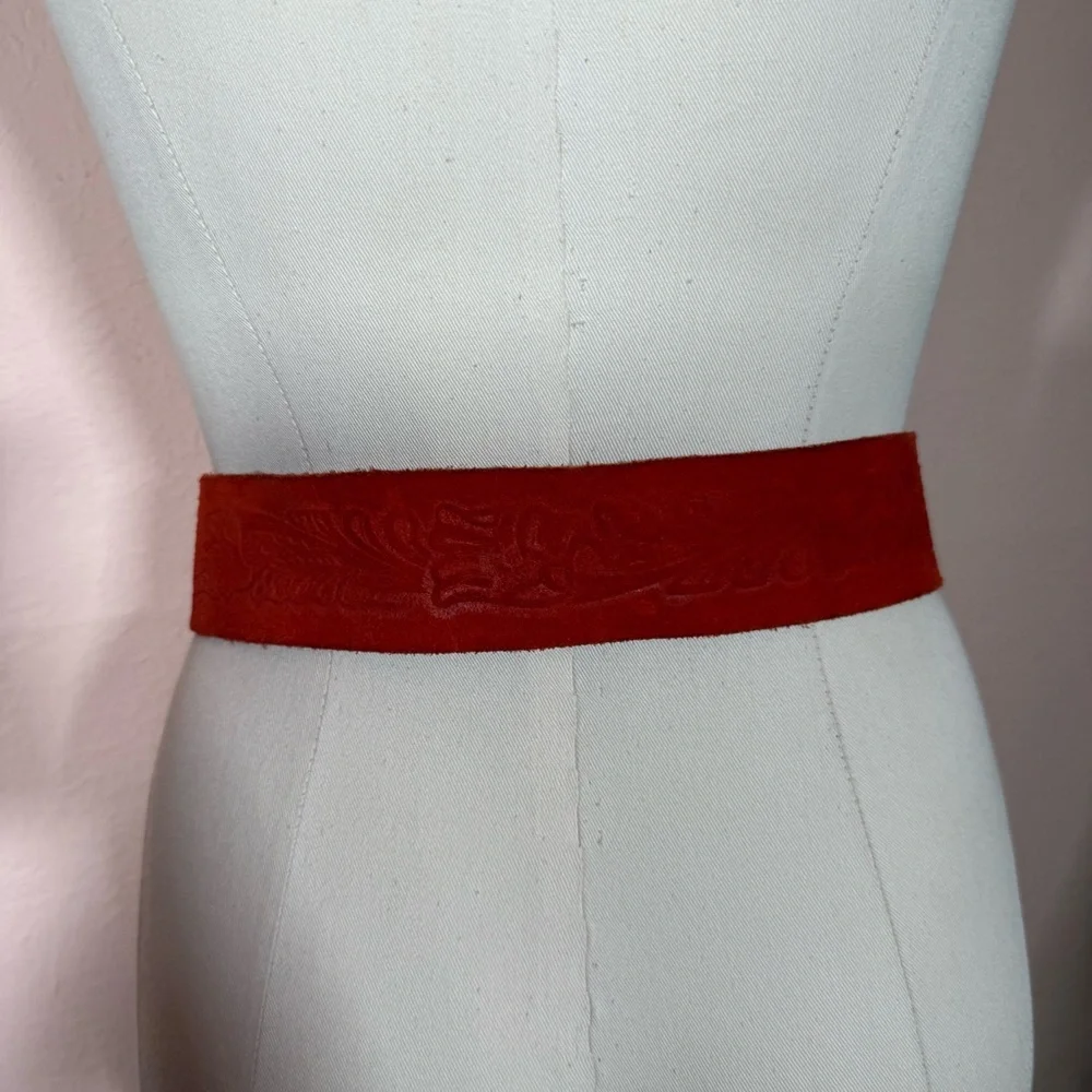 Vintage 1960 70 Boho Exotic Brass buckle Embossed red Leather wide festival Belt