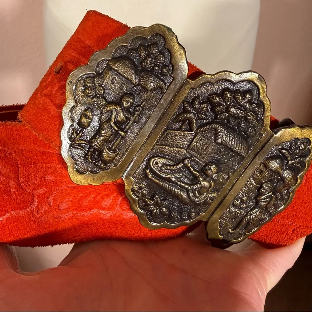 Vintage 1960 70 Boho Exotic Brass buckle Embossed red Leather wide festival Belt
